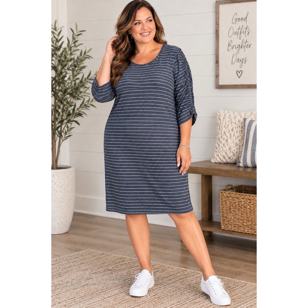 June & Delaney Womens 3X Navy White Stripe Cotton Ruched Sleeve Shift Dress